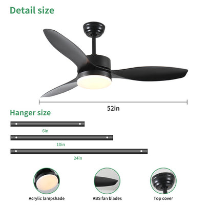 52 Inch Indoor And Outdoor Ceiling Fan With LED Selected Light Kit - Black